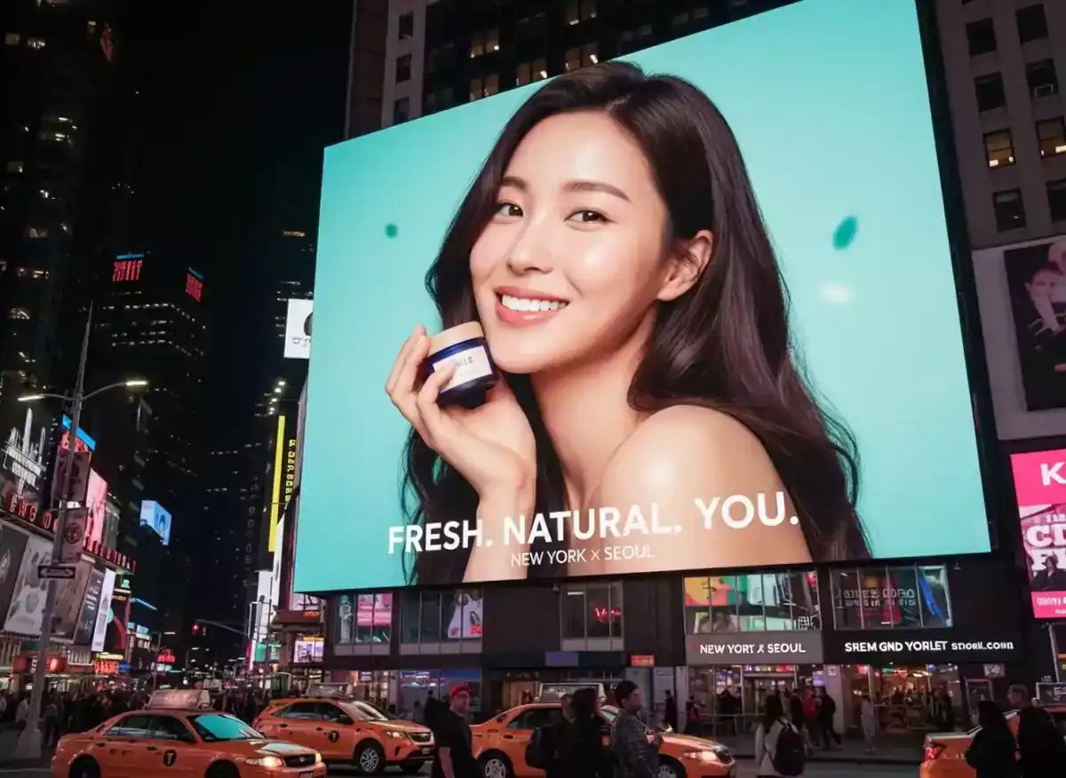 A large digital billboard in a city at night displays a hyperrealistic photo of a smiling woman holding a skincare product with the text 'FRESH. NATURAL. YOU. NEW YORK x SEOUL' while vehicles move along the street below, illustrating the use of AI video generator technology for product placement AI and fashion advertising.