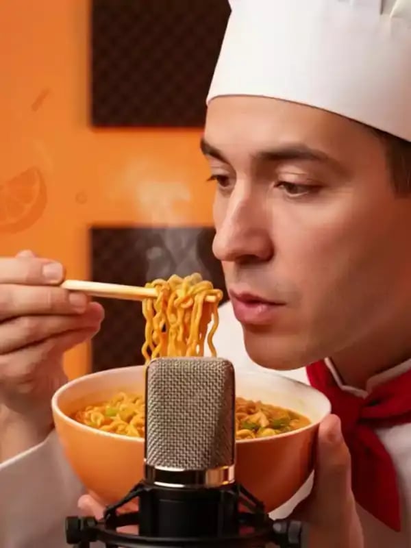 A man wearing a chef outfit uses chopsticks to lift noodles from a bowl and eats them while facing a microphone, illustrating a culinary-themed video captured with hyperrealistic AI video generation and lip sync AI technology.