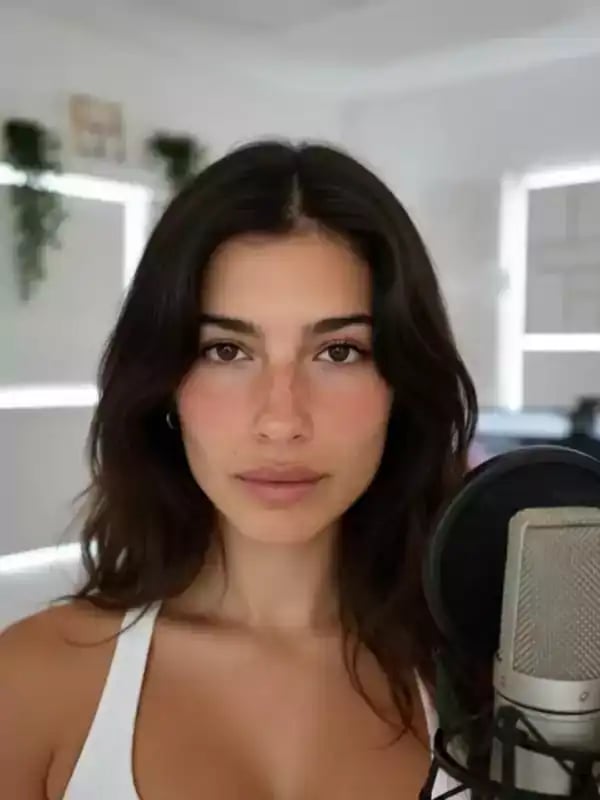 A woman with long dark hair and a white tank top speaks and smiles into a microphone in a bright, modern room, showcasing lip sync AI and AI avatar generator features in a cinematic AI video.