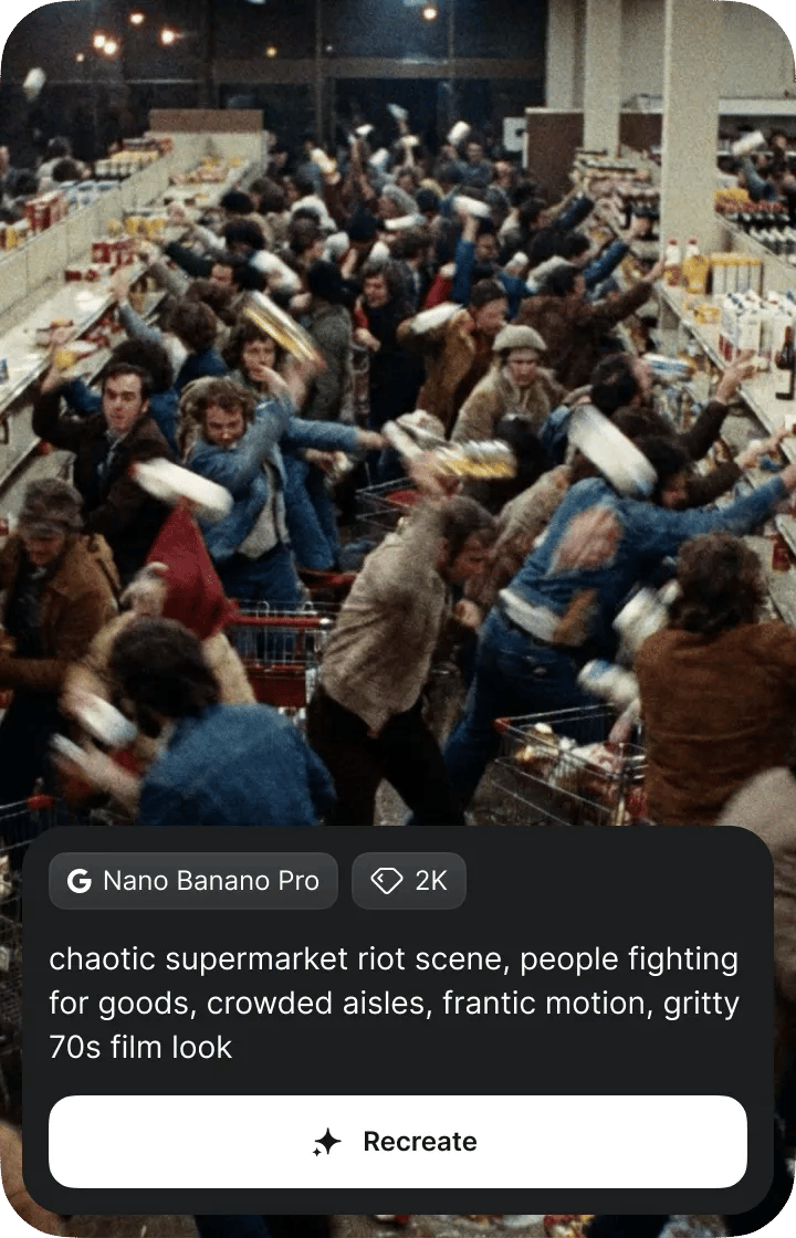 chaotic supermarket riot scene, people fighting for goods, crowded aisles, frantic motion, gritty 70s film look